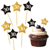 dekoracja na babeczki muffinki i koreczki pikery 30 urodziny gwiazdki zloto czarne 6 szt