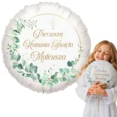 dekoracja na komunie personalizowany balon foliowy eukaliptus beauty imie bialy 18 rnd