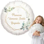 dekoracja na komunie personalizowany balon foliowy mietowa geometria imie bialy 18 rnd