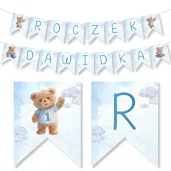dekoracja na roczek 1 urodziny chlopca baner girlanda niebieski mis personalizacja imie dziecka