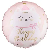 dekoracja prezent na urodziny balon foliowy kotek happy birthday rozowy 18 rnd