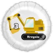 dekoracja prezent na urodziny dla chlopca balon foliowy budowa koparka personalizacja bialy