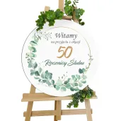 dekoracja sali na 50 rocznice slubu zlote gody drewniana tablica powitalna eukaliptus beauty