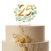 dekoracja tortu na 25 rocznice slubu topper papierowy srebrne gody eukaliptus beauty 18x14 cm