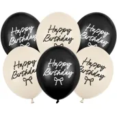 dekoracje na urodziny kremowo czarne balony happy birthday z kokardka 12 cali 6 szt