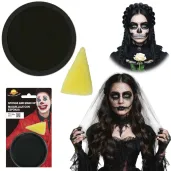dodatek do stroju na halloween czarna farbka do twarzy z gabeczka do makijazu