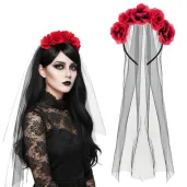 dodatek do stroju na halloween opaska do wlosow czarny welon z rozami los muertos smierc