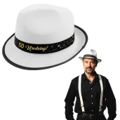 dodatek na 50 urodziny kapelusz glamour birthday bialy z lamowka