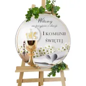 drewniana tablica powitalna komunia swieta kielich z biblia dekoracja sali powitanie gosci 39