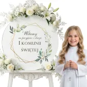 drewniana tablica powitalna komunia swieta mietowa geometria dekoracja sali powitanie gosci 3