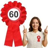 kotylion wstazka przypinka dla jubilata na 60 urodziny znak zakazu traffic birthday