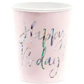 kubeczki papierowe happy birthday holo rozowe pudrowe partydeco 220 ml 6 szt