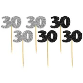 pikery 30 urodziny classic srebrno czarne brokatowe 6 szt