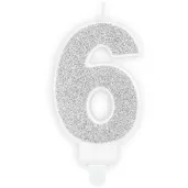 swieczka na tort cyfra 6 srebrna brokatowa partydeco 7 cm