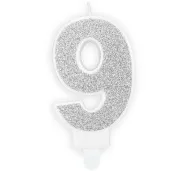 swieczka na tort cyfra 9 srebrna brokatowa partydeco 7 cm