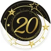 talerzyki papierowe 20 urodziny gwiazdy czarno zloty guirca 23 cm 6 szt