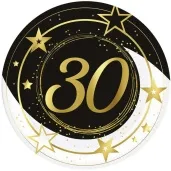 talerzyki papierowe 30 urodziny gwiazdy czarno zloty guirca 23 cm 6 szt