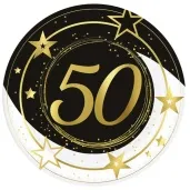 talerzyki papierowe 50 urodziny gwiazdy czarno zloty guirca 23 cm 6 szt