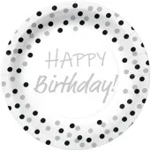 talerzyki papierowe happy birthday srebrne konfetti biale paw 23 cm 10 szt