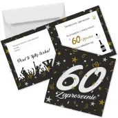 zaproszenie na 60 urodziny glamour birthday z koperta czarne eleganckie 15x15 cm 1 szt
