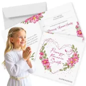zaproszenie na komunie dla dziewczynki rozowe serce 15x15 cm 1 szt