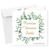 zaproszenie na komunie kwadratowy eukaliptus pierwsza komunia swieta 15x15 cm 1 szt