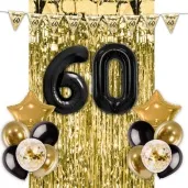 zestaw dekoracji urodziny 60 balony baner i kurtyna czarno zloty 16 elementow