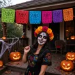 dekoracja na halloween girlanda papierowa baner kolorowe czaszki dia de los muertos 2 2 m