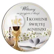 dekoracja na komunie drewniana tablica powitalna kielich z biblia personalizacja ozdoba sali
