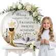 dekoracja na komunie drewniana tablica powitalna kielich z biblia personalizacja ozdoba sali