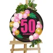 dekoracja sali na urodziny tablica powitalna liczba 50 baloniki czarno rozowa