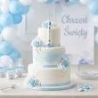 dekoracja tortu na chrzest swiety chlopca fontanna tortowa niebieski mis raca swieca 18 cm