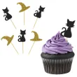 dekoracje na andrzejki pikery ozdobne na muffinki kot i kapelusz czarownicy czarno zlote 6 szt