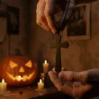 dodatek do stroju na halloween naszyjnik krzyz na tasiemce czarny wampir ksiadz zakonnica