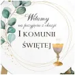drewniana tablica powitalna komunia swieta eukaliptus z hostia dekoracja sali powitanie gosci