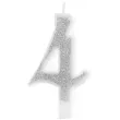 swieczka na tort cyferka 4 brokatowa srebrna partypal
