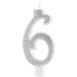 swieczka na tort cyferka 6 brokatowa srebrna partypal