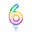 swieczka na tort cyfra 6 teczowa brokatowa kraszek 7 cm