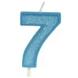 swieczka na tort cyfra 7 brokat niebieska guirca 4 cm