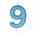 swieczka na tort cyfra 9 brokat niebieska guirca 4 cm