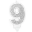 swieczka na tort cyfra 9 srebrna brokatowa partydeco 7 cm