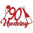 topper papierowy szampanskie 90 urodziny czerwony brokat 15 x 19 cm